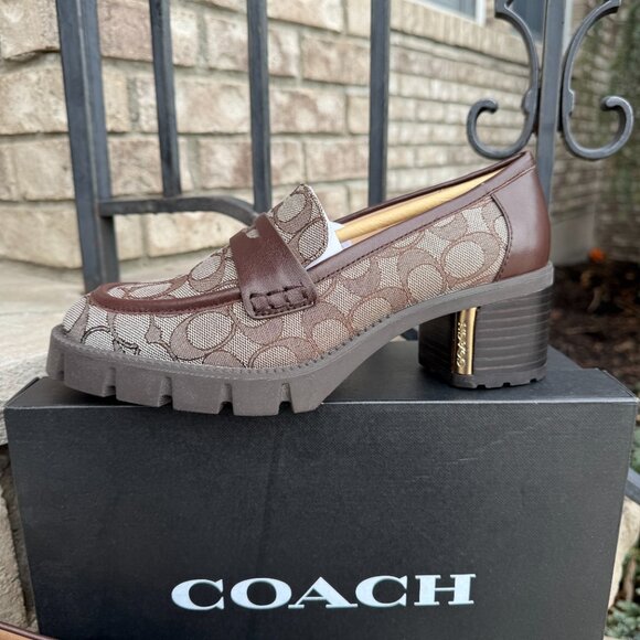 COACH CORA JACQUARD MONOGRAM LOAFER 8 Women's Retro Chunky Heel Shoe Brown New - Picture 3 of 12